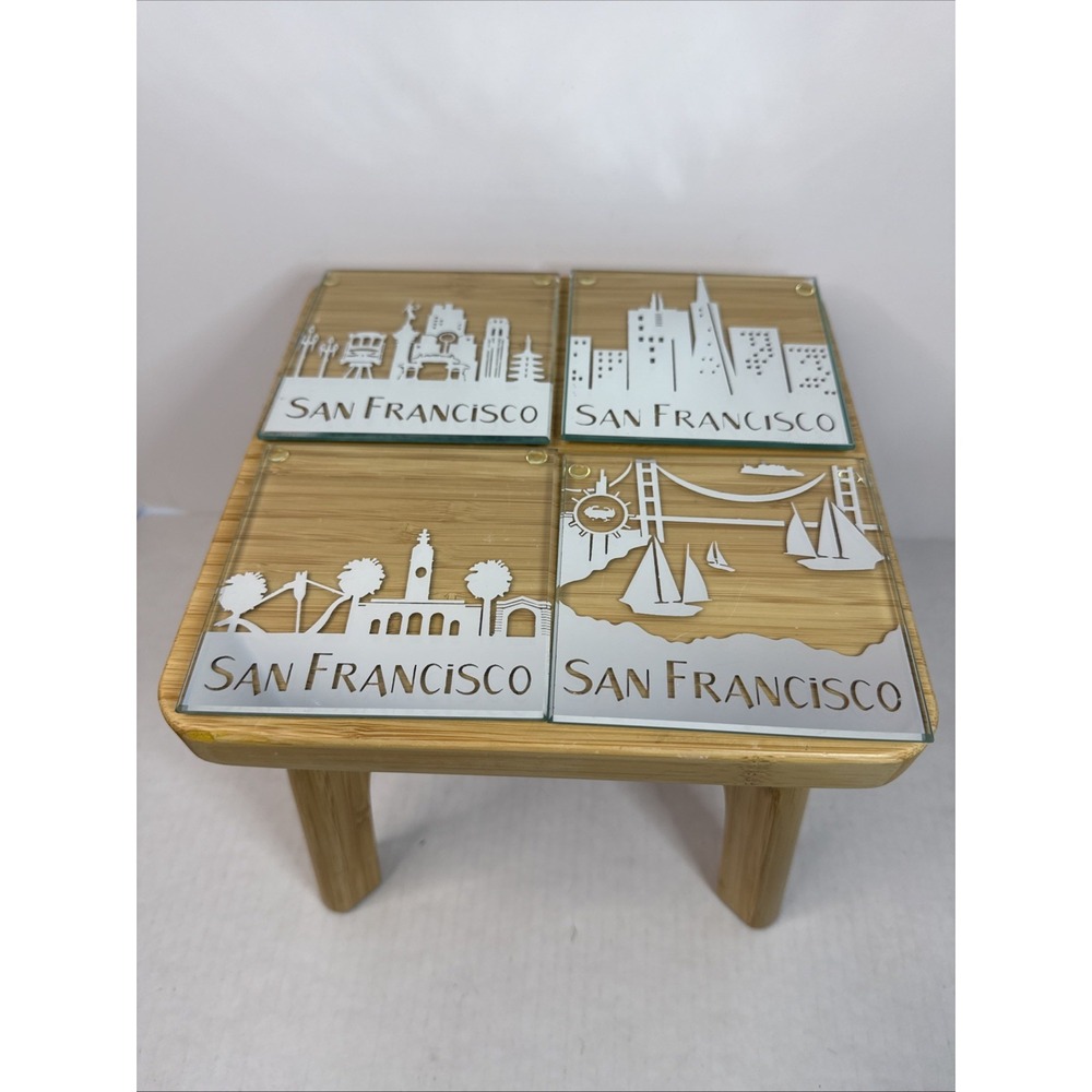 Set Of 4 San Francisco Mirrored Glass Coasters Skyline SF Mercantile 4"x4"
